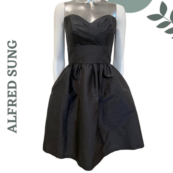 Alfred Sung Black Strapless Fit & Flare Taffeta Dress with Pockets Size 6 - Picture 1 of 9